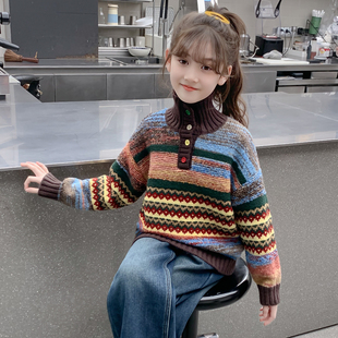 女童毛衣秋冬款2026新款儿童网红洋气时髦条纹打底衫上衣女孩冬装