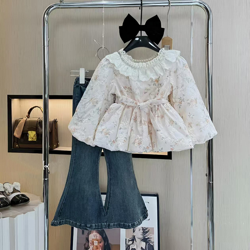 女童春装套装2026新款儿童时髦韩版花边牛仔两件套女孩春秋衣服潮