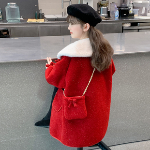 女童外套冬装2026新款儿童中长款加绒加厚毛呢红色大衣小女孩风衣