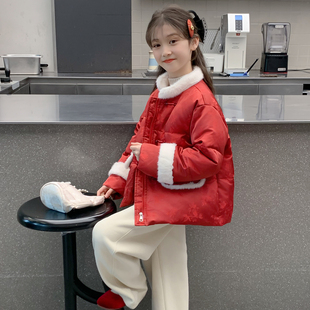 棉袄女孩冬装 儿童洋气汉服国风薄款 红色外套 2025新款 女童棉服冬季