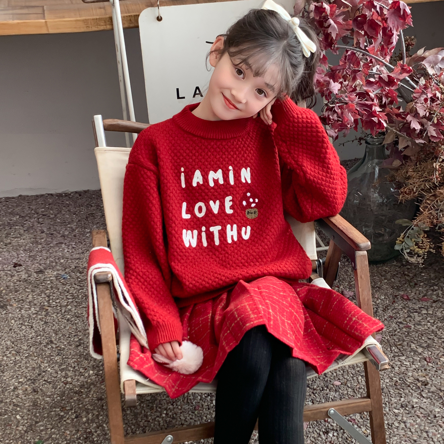 女童毛衣冬装2025新款儿童网红洋气加厚薄款红色套装女孩冬季衣服