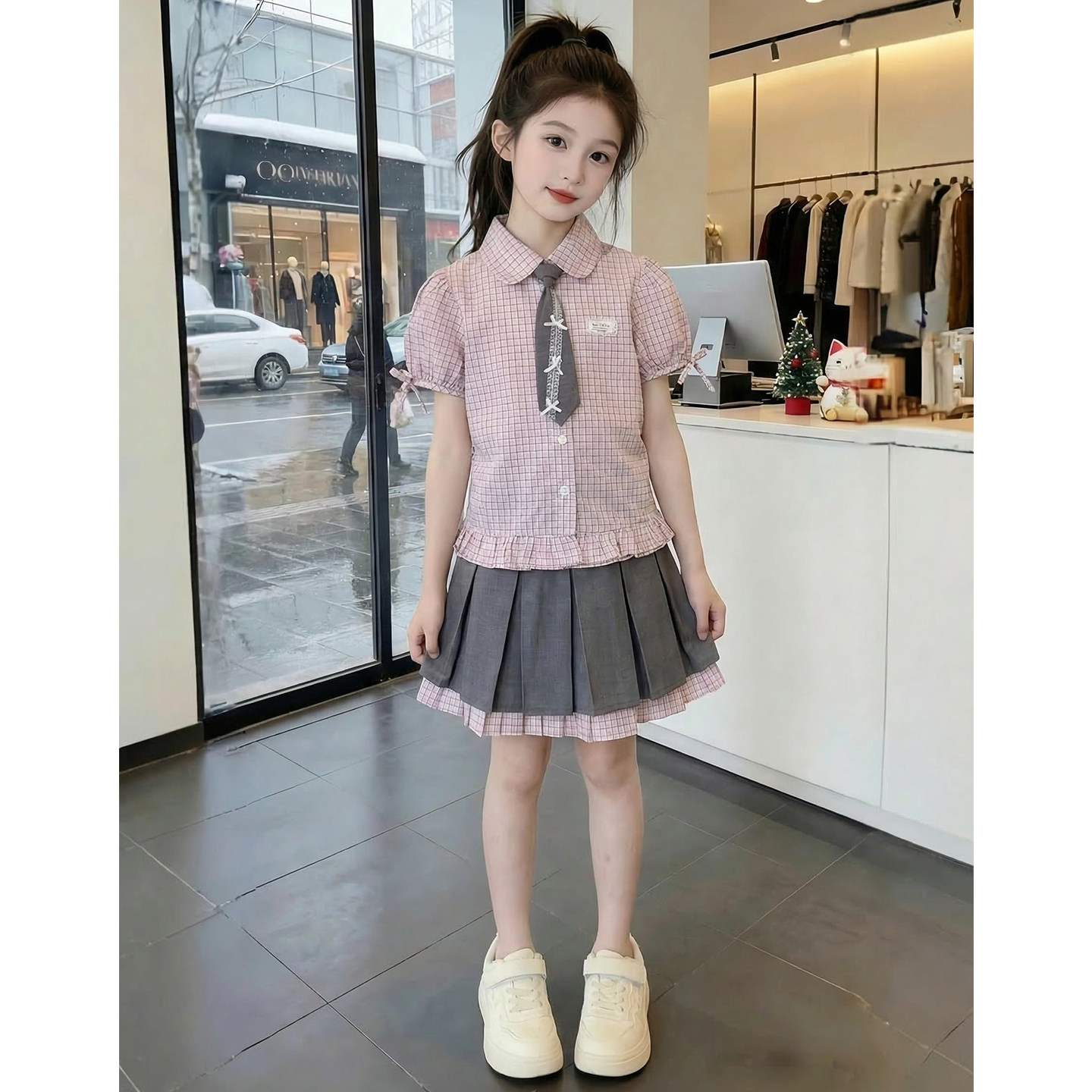 女童夏套装2026新款洋气儿童时髦蝴蝶结领带两件套小女孩夏季衣服