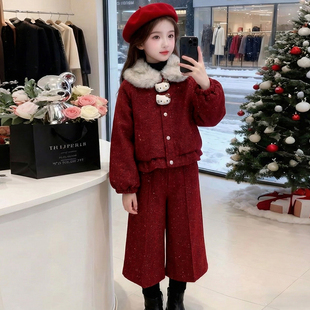 女童套装冬装2025新款洋气儿童时髦加绒毛领两件套小女孩冬季衣服