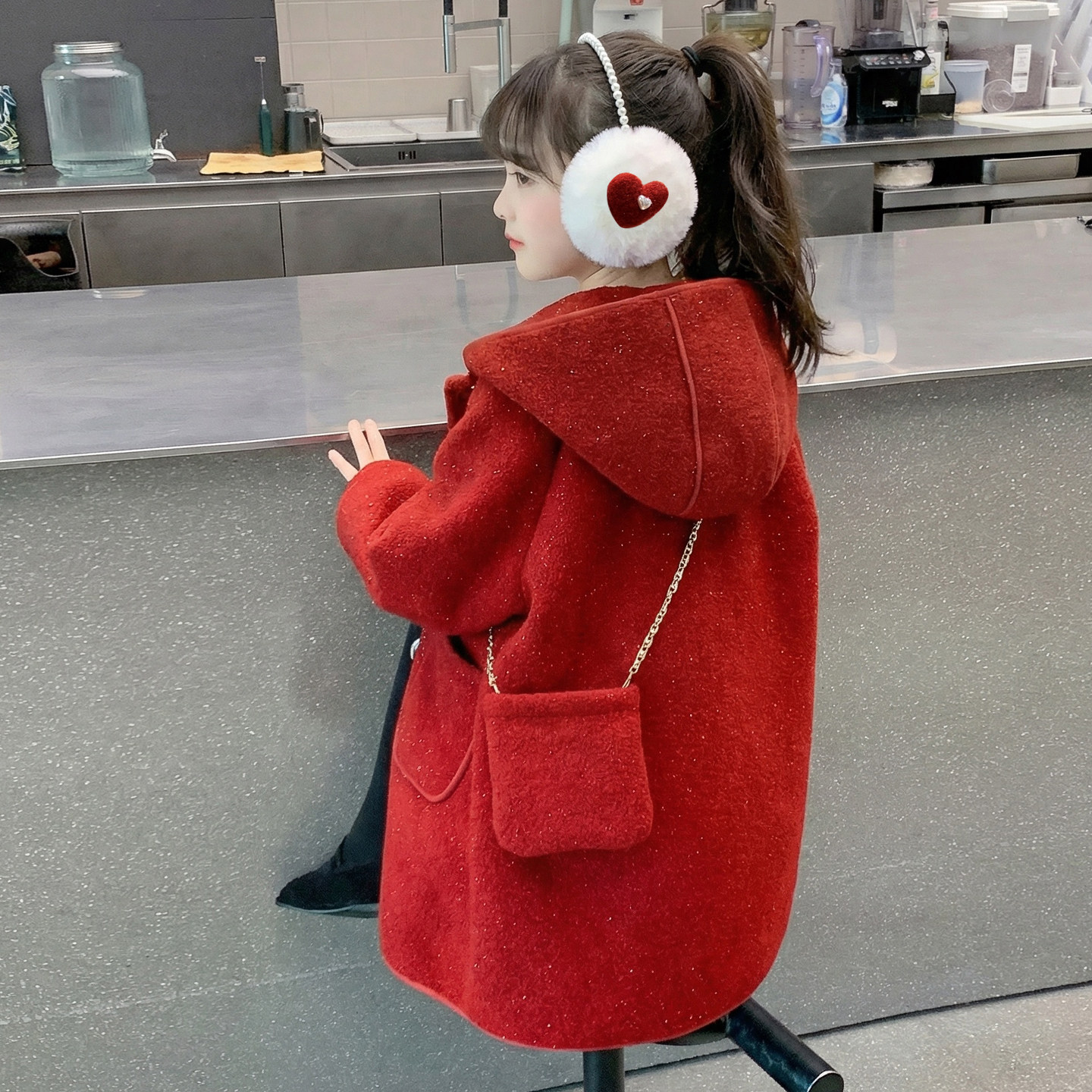 女童外套冬装2025新款儿童洋气中长款加绒加厚小女孩红色呢子大衣