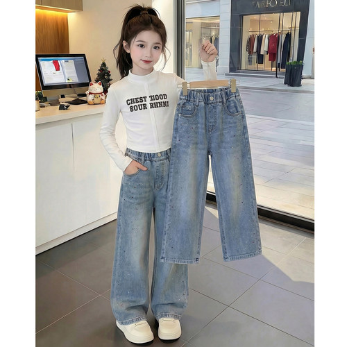 女童春装裤子2026新款洋气儿童时髦网红亮钻牛仔裤女孩春秋直筒裤