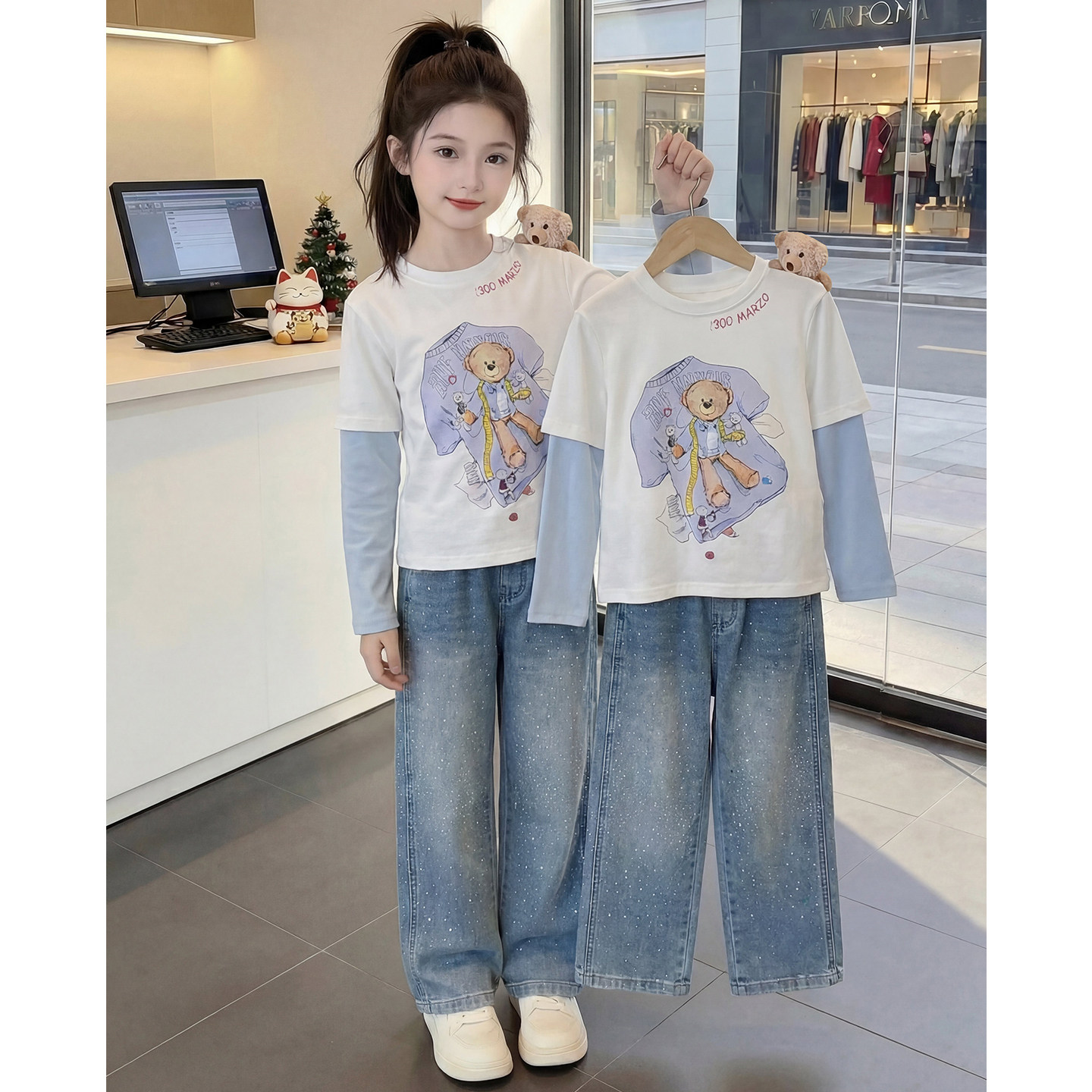 女童春装上衣2026新款洋气儿童韩版插肩袖假两件T恤女孩春秋衣服