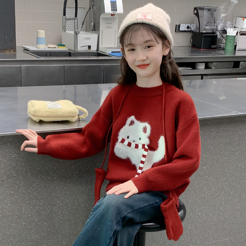 女童毛衣冬款2025新款儿童洋气时髦加厚爆款过年上衣女孩红色冬装