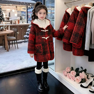 女童外套冬装2025新款儿童网红洋气中长款爆款红色呢子女孩大衣潮