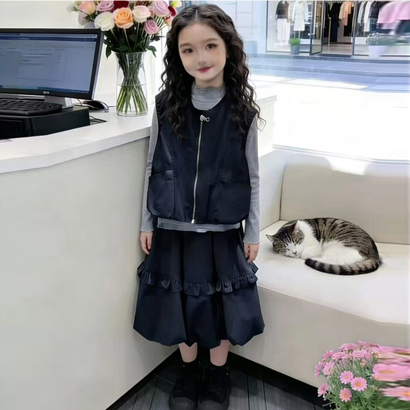 女童春装套装2026新款儿童韩版时髦马甲半身裙三件套女孩春秋衣服