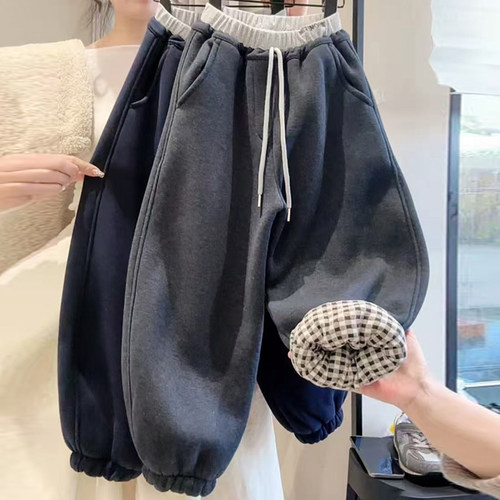 女童裤子冬装2025新款洋气儿童时髦加绒加厚弯刀裤女孩冬季束脚裤