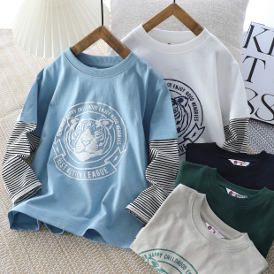 男童长袖t恤春秋款2026新款纯棉薄款韩版洋气痞帅风假两件打底衫