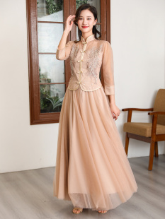 香槟色中式纱裙伴娘宴会敬酒晚礼服大码女套装长裙艺考声乐公主裙
