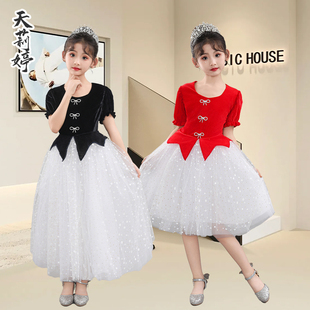 元旦儿童演出服公主裙女童白色蓬蓬主持人晚礼服纱裙舞蹈表演服装