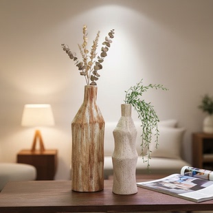 侘寂风陶瓷花瓶两件套手工制作不规则造型客厅装饰摆件
