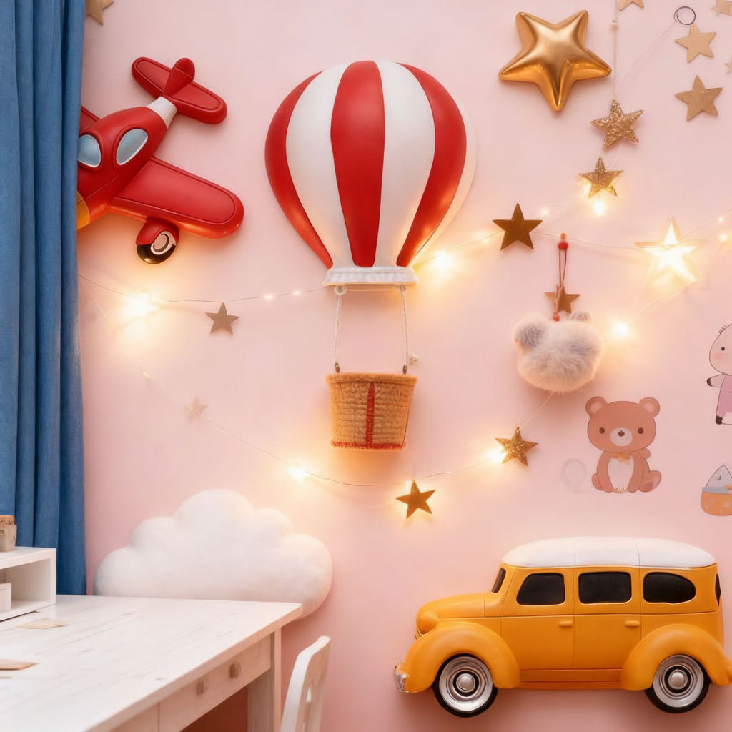 创意热气球飞机模型儿童房装饰壁饰手工星星灯串背景墙贴