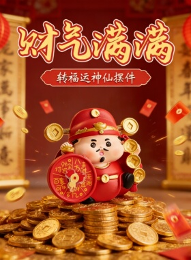 新年国潮手绘可旋转财神树脂摆件