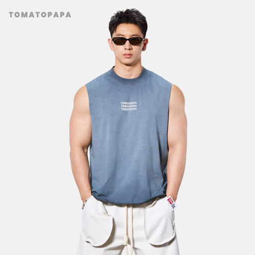 TOMATOPAPA街头字母背心男士夏季宽松卷边无袖休闲水洗烫印汗背心