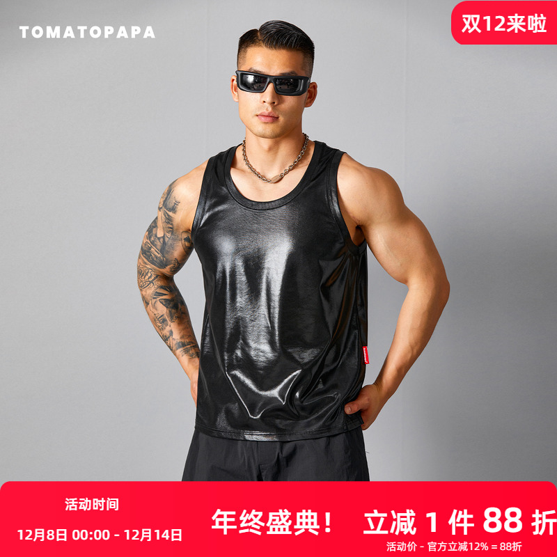 TOMATOPAPA夏季新款背心复古高弹仿皮柔软时尚休闲百搭潮流无袖衫