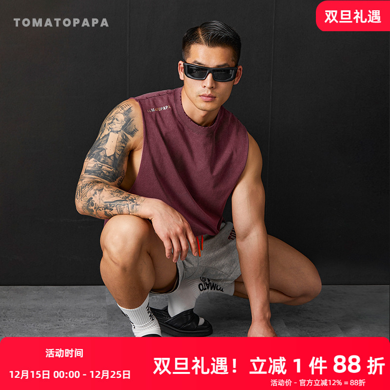 TOMATOPAPA背心2025夏男士美式休闲圆领无袖体恤健身运动坎肩上衣