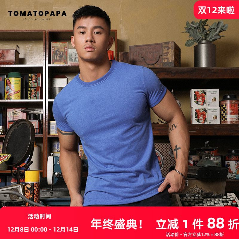 欧美风运动纯色型男健身圆领短袖