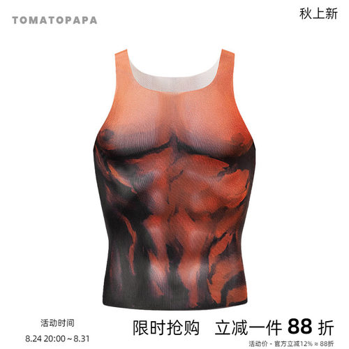 TOMATOPAPA美式复古漫画红色恶魔肌肉运动修身弹力网纱薄款背心男