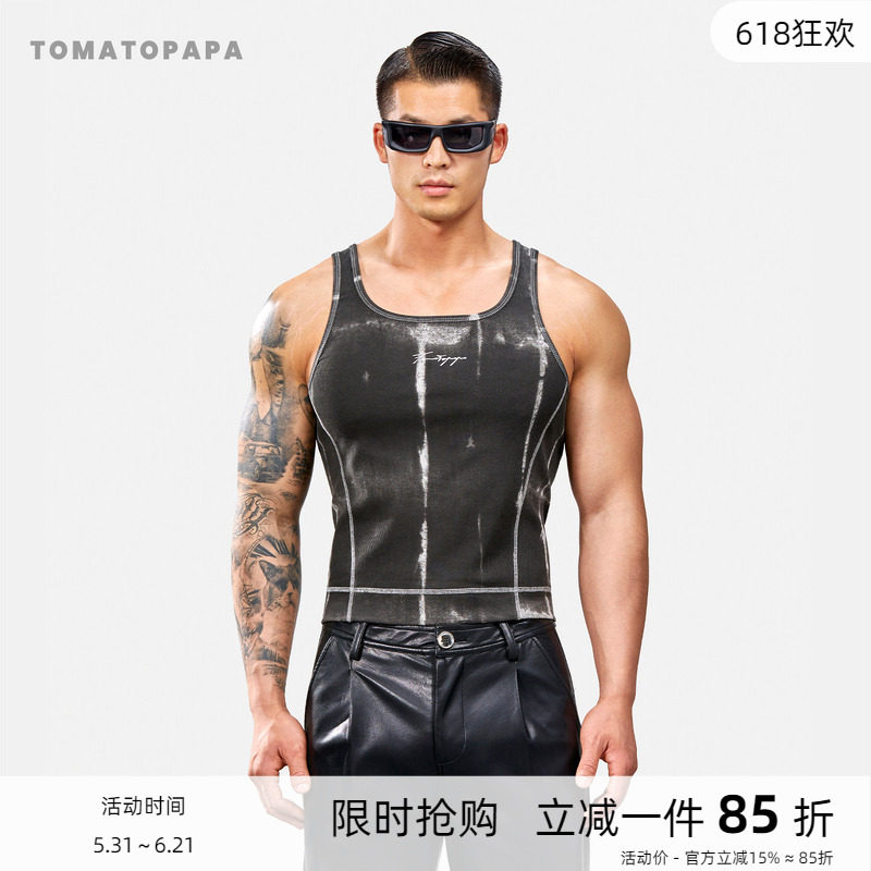 TOMATOPAPA男士背心2026夏季手绘字母烫印缉明线修身运动高弹汗背