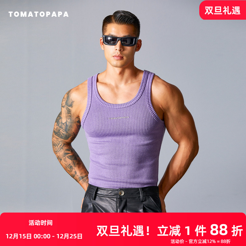 TOMATOPAPA美式背心2025夏季圆领潮男士运动螺纹高弹针织厚款健身