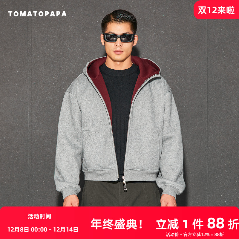 TOMATOPAPA重磅连帽双层拉链卫衣男宽松短款休闲开衫外套极简风