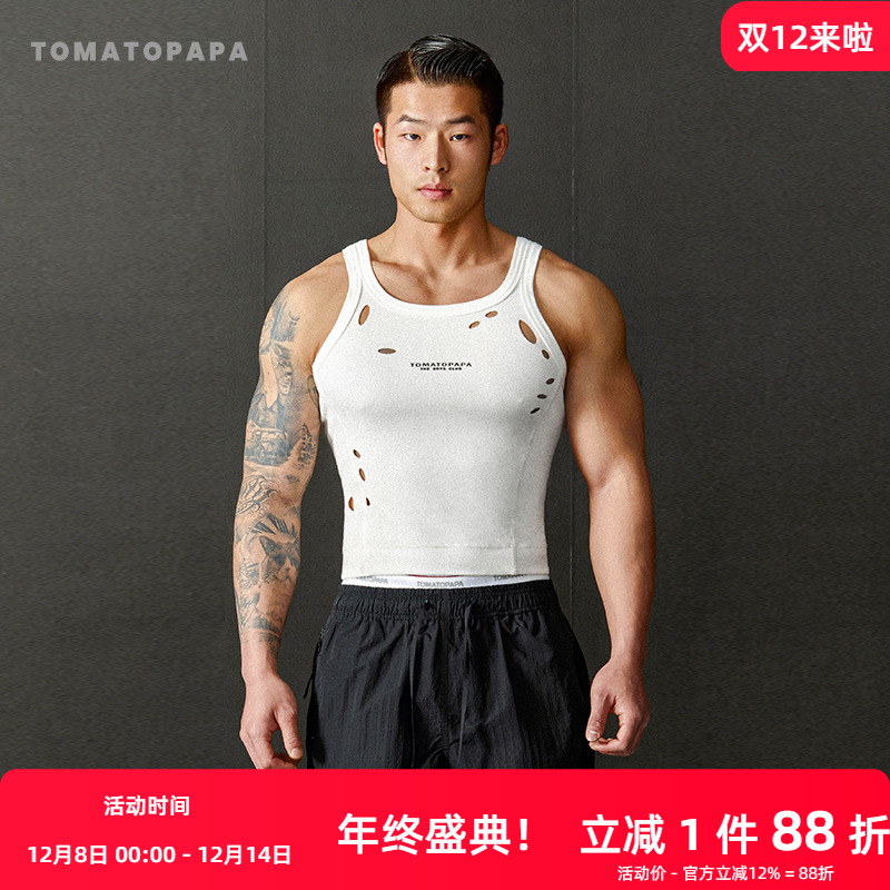 TOMATOPAPA美式背心2025春夏新款定制烧花破洞显身材训练健身运动