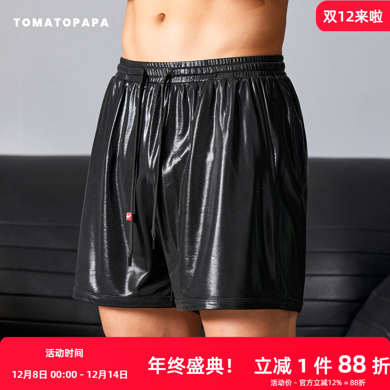 TOMATOPAPA短裤仿皮高弹松紧腰抽绳运动裤柔软纯色直筒宽松休闲裤