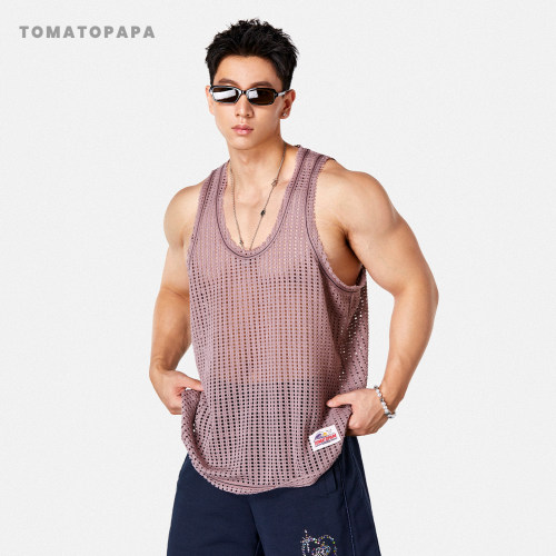 TOMATOPAPA度假风镂空编织背心男士夏宽松透气套头汗背心运动健身