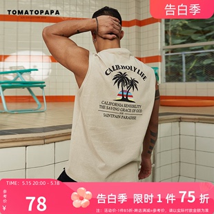 TOMATOPAPA夏季 T恤潮 夏威夷坎肩字母背心男运动健身无袖 原创新款