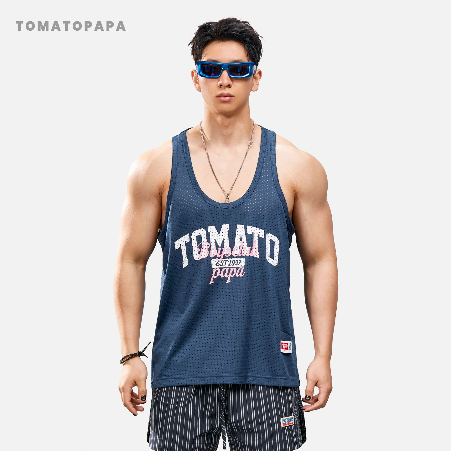 TOMATOPAPA美式字母印花男士背心网面宽松运动健身透气网孔汗背心