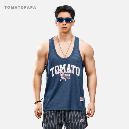 TOMATOPAPA美式字母印花男士背心网面宽松运动健身透气网孔汗背心