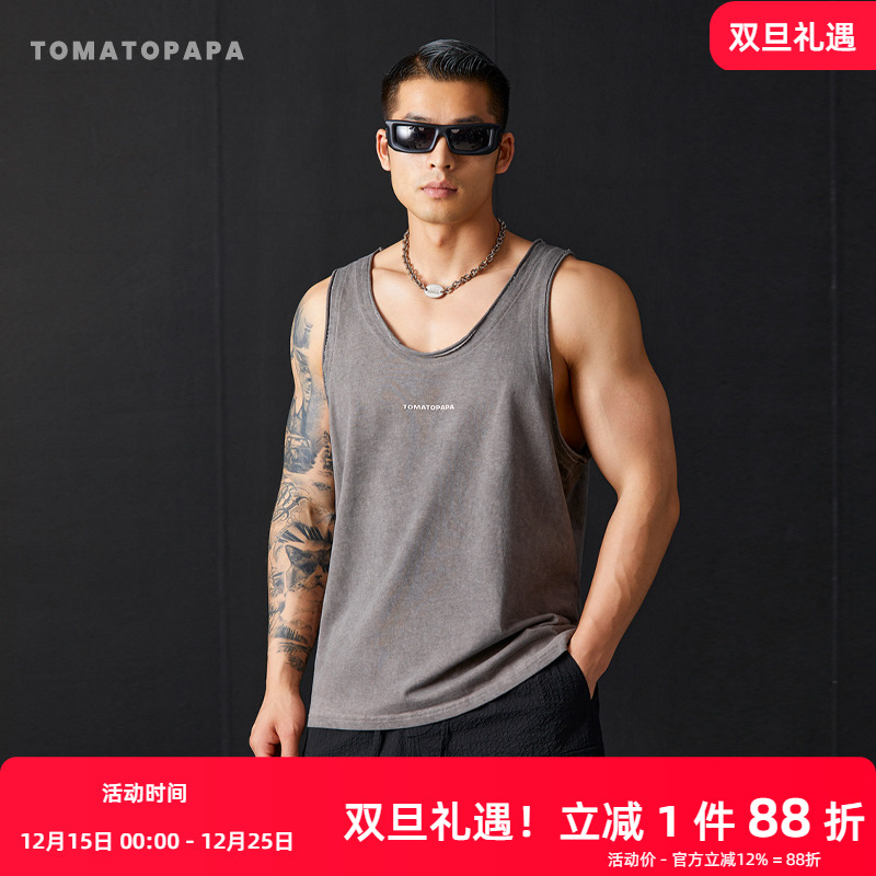 TOMATOPAPA背心男2025年夏重磅棉洗水做旧无袖体恤高街休闲潮上衣