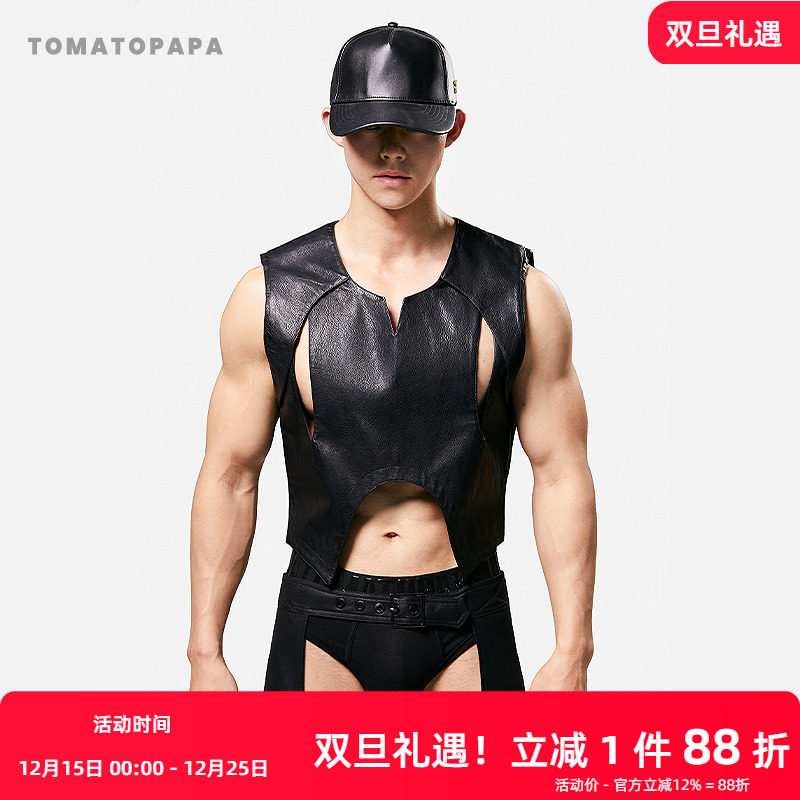 TOMATOPAPA复古马甲水洗皮无袖坎肩性感拼接pu皮背心外套上衣