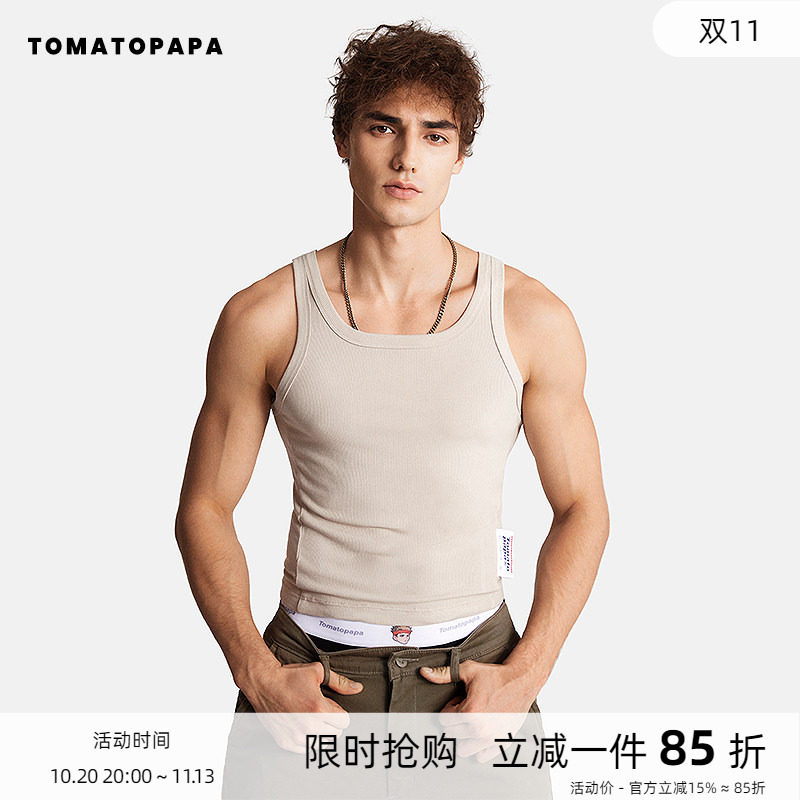 TOMATOPAPA背心短款螺纹高弹百搭跑步健身运动青年情侣训练服上衣