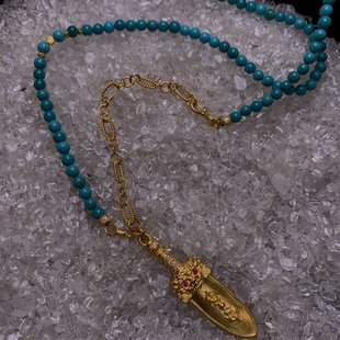足金古法黄金錾刻绿松石七星宝剑项链可DIY定制