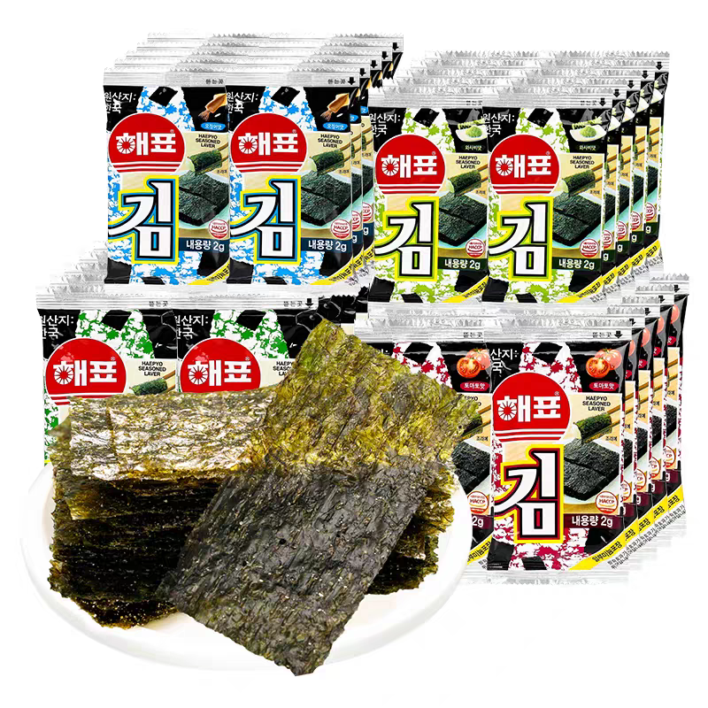 海牌海苔12包零食大礼包原味鱿鱼芥末味即食儿童寿司包饭烤紫菜片