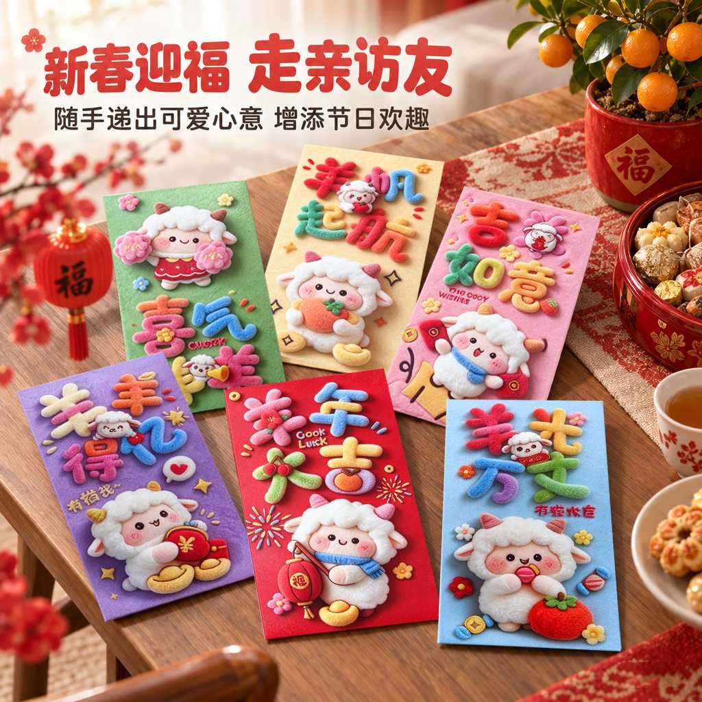 2027羊年新款红包创意卡通仿毛绒风格萌羊利是封新年春节压岁包