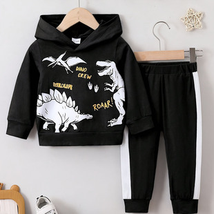 新款秋冬季男童时尚休闲长袖连帽恐龙卫衣纯色长裤二件套儿童套装