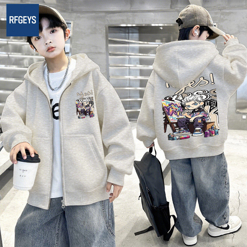 男童休闲连帽秋冬薄款加绒卫衣25新款儿童宽松中大童上衣开衫外套