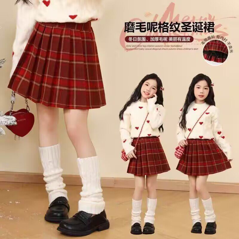 女童半身裙秋冬儿童毛呢短裙洋气红色百褶裙冬季大童装时尚格子裙