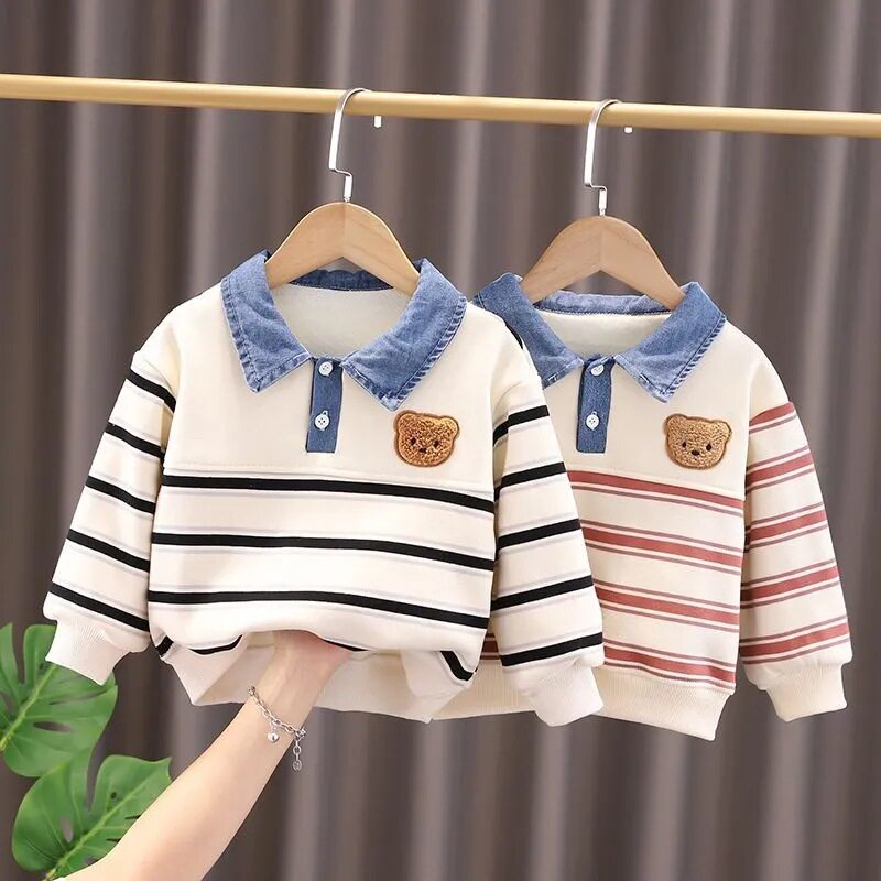 宝宝冬季加绒POLO衫冬新款儿童薄绒加厚长袖男童女童冬装保暖卫衣