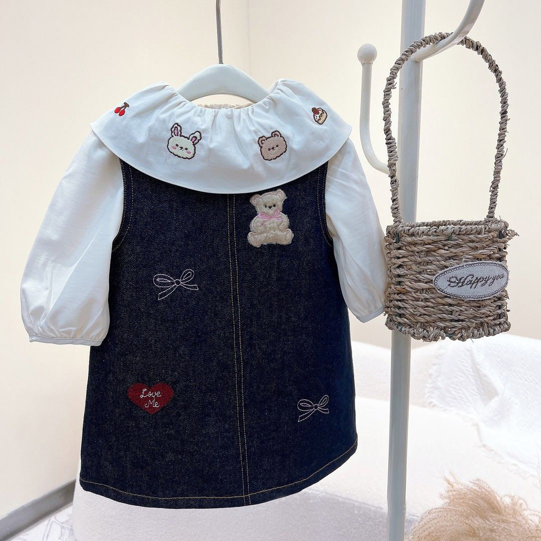 女童秋冬背心裙牛仔小熊刺绣裙百搭T恤上衣套装公主出游外穿现货