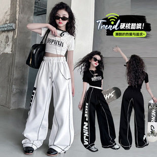 跨境女童夏款爵士舞蹈服街舞潮酷时尚嘻哈印花街舞运动休闲裤套装