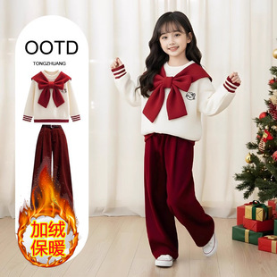 女童新年穿搭韩版冬季新款儿童巨好看冬装套装洋气时髦红色一整套