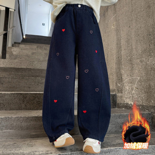 女童加绒牛仔裤秋冬儿童一体绒外穿洋气弯刀裤中大童冬季加厚裤子