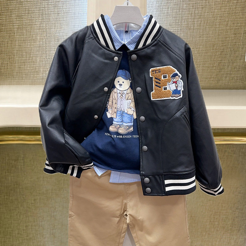 新款男童皮衣夹克潮范春秋款棒球服外套大刺绣单排扣长袖上衣