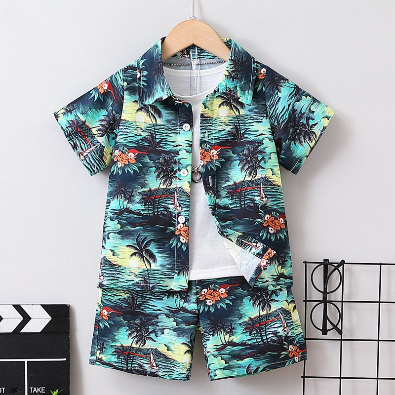 男童夏季沙滩短袖翻领开衫上衣短裤套装儿童夏装花色衬衫短裤两件